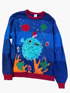 Ugly Christmas Sweater Pufferfish Santa Hat Blowfish Ocean Under the Sea Appliqu